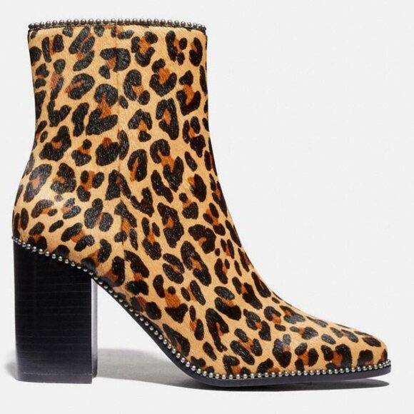 Coach Ankle Boot Womens 8.5 Leopard Brown Block Heel Leather Calf Hair Beaded - Picture 4 of 7